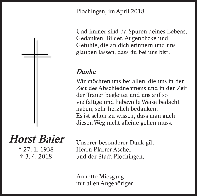  Traueranzeige für Horst Baier vom 13.04.2018 aus Eßlinger Zeitung/Cannstatter Zeitung