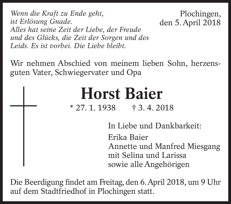  Traueranzeige für Horst Baier vom 05.04.2018 aus Eßlinger Zeitung/Cannstatter Zeitung