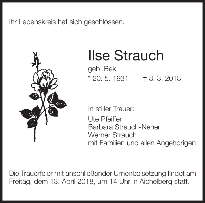  Traueranzeige für Ilse Strauch vom 07.04.2018 aus Eßlinger Zeitung/Cannstatter Zeitung