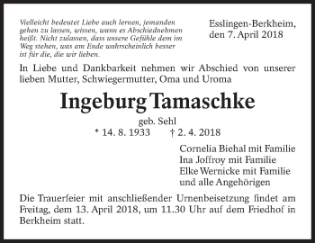 Traueranzeige von Ingeburg Tamaschke von Eßlinger Zeitung/Cannstatter Zeitung
