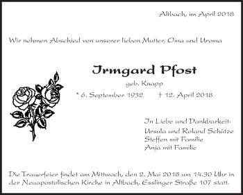 Traueranzeige von Irmgard Pfost von Eßlinger Zeitung/Cannstatter Zeitung