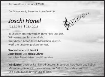 Traueranzeige von Joschi Hanel von Eßlinger Zeitung/Cannstatter Zeitung