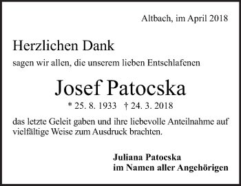 Traueranzeige von Josef Patocska von Eßlinger Zeitung/Cannstatter Zeitung