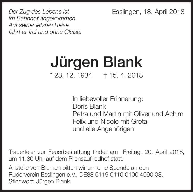  Traueranzeige für Jürgen Blank vom 18.04.2018 aus Eßlinger Zeitung/Cannstatter Zeitung