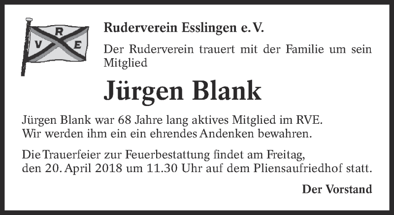  Traueranzeige für Jürgen Blank vom 19.04.2018 aus Eßlinger Zeitung/Cannstatter Zeitung
