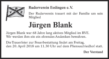Traueranzeige von Jürgen Blank von Eßlinger Zeitung/Cannstatter Zeitung