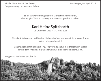 Traueranzeige von Karl Heinz Spitzbarth von Eßlinger Zeitung/Cannstatter Zeitung