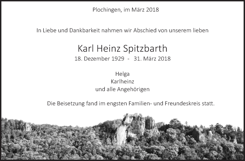  Traueranzeige für Karl Heinz Spitzbarth vom 07.04.2018 aus Eßlinger Zeitung/Cannstatter Zeitung