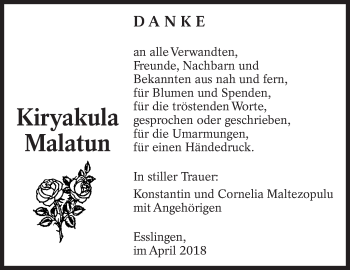 Traueranzeige von Kiryakula Malatun von Eßlinger Zeitung/Cannstatter Zeitung