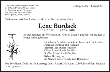 Traueranzeige von Lene Burdack von Eßlinger Zeitung/Cannstatter Zeitung