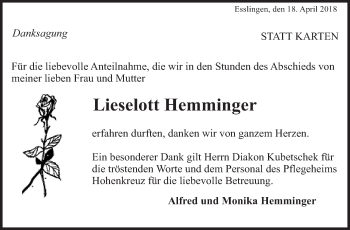 Traueranzeige von Lieselott Hemminger von Eßlinger Zeitung/Cannstatter Zeitung