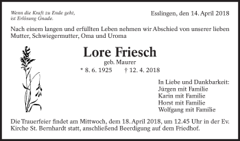 Traueranzeige von Lore Friesch von Eßlinger Zeitung/Cannstatter Zeitung