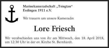 Traueranzeige von Lore Friesch von Eßlinger Zeitung/Cannstatter Zeitung
