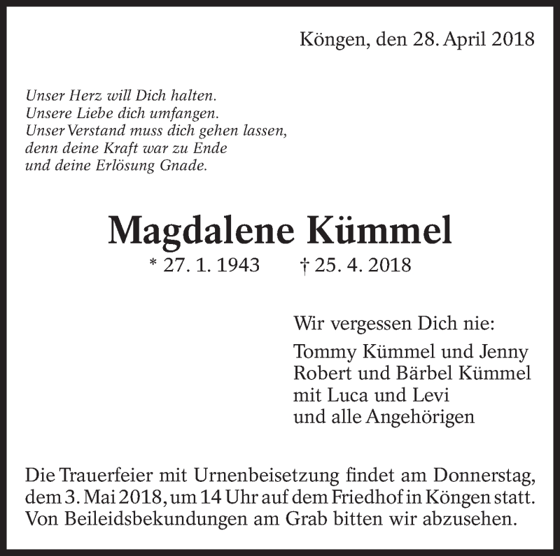  Traueranzeige für Magdalene Kümmel vom 28.04.2018 aus Eßlinger Zeitung/Cannstatter Zeitung