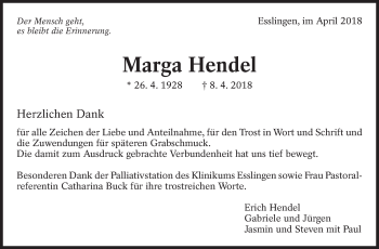 Traueranzeige von Marga Hendel von Eßlinger Zeitung/Cannstatter Zeitung