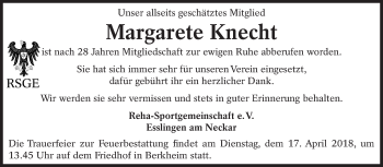 Traueranzeige von Margarete Knecht von Eßlinger Zeitung/Cannstatter Zeitung