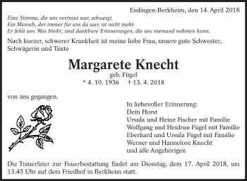Traueranzeige von Margarete Knecht von Eßlinger Zeitung/Cannstatter Zeitung