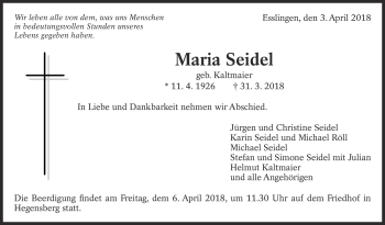 Traueranzeige von Maria Seidel von Eßlinger Zeitung/Cannstatter Zeitung