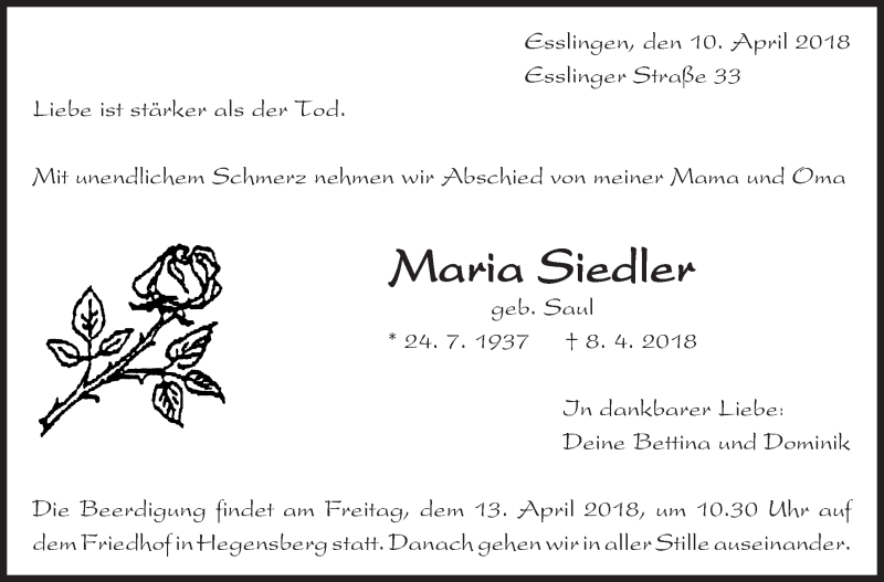  Traueranzeige für Maria Siedler vom 10.04.2018 aus Eßlinger Zeitung/Cannstatter Zeitung