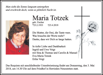 Traueranzeige von Maria Totzek von Eßlinger Zeitung/Cannstatter Zeitung