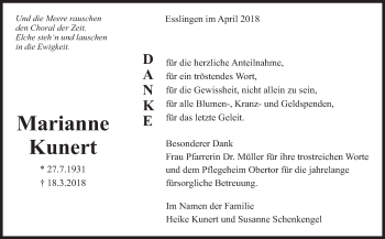 Traueranzeige von Marianne Kunert von Eßlinger Zeitung/Cannstatter Zeitung