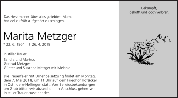 Traueranzeige von Marita Metzger von Eßlinger Zeitung/Cannstatter Zeitung
