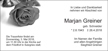 Traueranzeige von Marjan Greiner von Eßlinger Zeitung/Cannstatter Zeitung