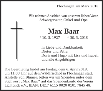Traueranzeige von Max Baar von Eßlinger Zeitung/Cannstatter Zeitung