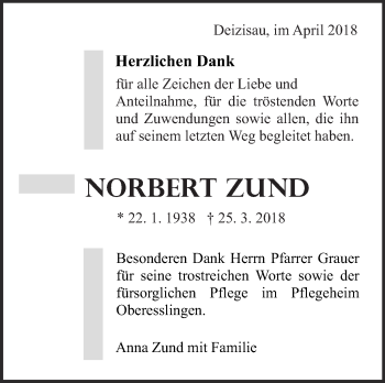 Traueranzeige von Norbert Zund von Eßlinger Zeitung/Cannstatter Zeitung