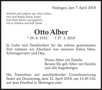 Traueranzeige von Otto Alber von Eßlinger Zeitung/Cannstatter Zeitung