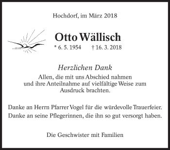 Traueranzeige von Otto Wällisch von Eßlinger Zeitung/Cannstatter Zeitung