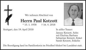 Traueranzeige von Paul Kotzott von Eßlinger Zeitung/Cannstatter Zeitung
