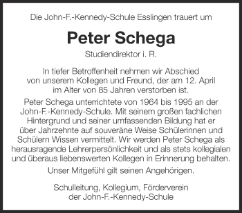 Traueranzeige von Peter Schega von Eßlinger Zeitung/Cannstatter Zeitung