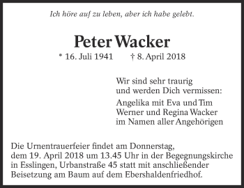 Traueranzeige von Peter Wacker von Eßlinger Zeitung/Cannstatter Zeitung