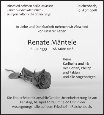 Traueranzeige von Renate Mäntele von Eßlinger Zeitung/Cannstatter Zeitung