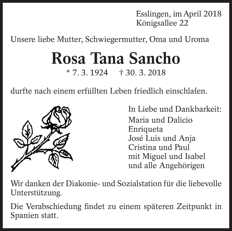  Traueranzeige für Rosa Tana Sancho vom 05.04.2018 aus Eßlinger Zeitung/Cannstatter Zeitung