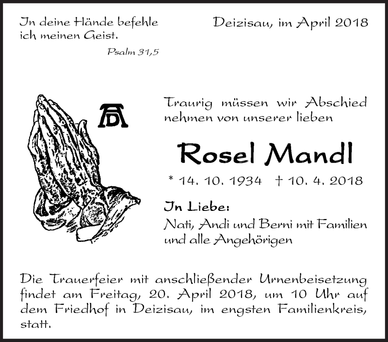  Traueranzeige für Rosel Mandl vom 13.04.2018 aus Eßlinger Zeitung/Cannstatter Zeitung