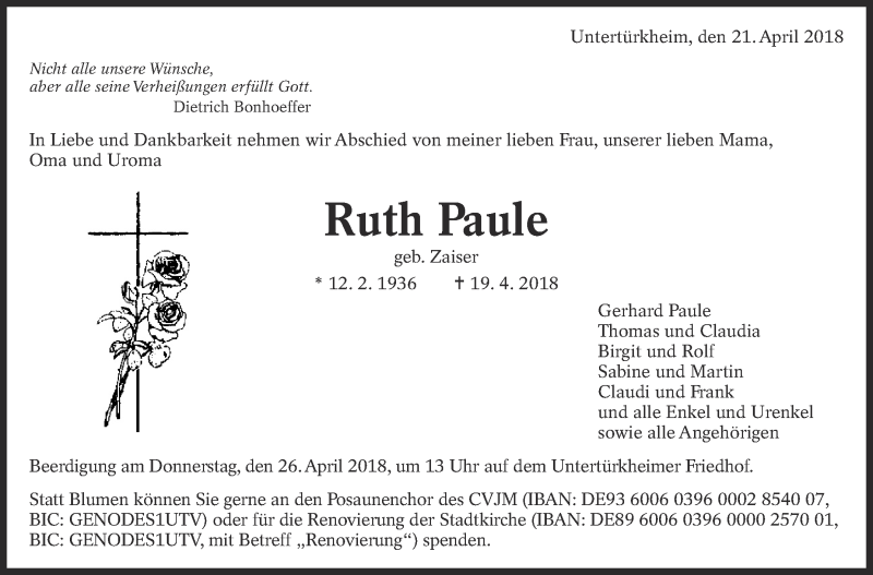  Traueranzeige für Ruth Paule vom 21.04.2018 aus Eßlinger Zeitung/Cannstatter Zeitung