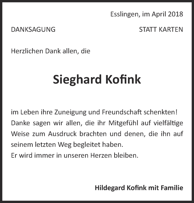  Traueranzeige für Sieghard Kofink vom 06.04.2018 aus Eßlinger Zeitung/Cannstatter Zeitung