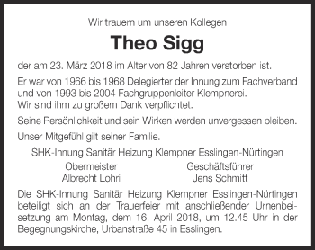 Traueranzeige von Theo Sigg von Eßlinger Zeitung/Cannstatter Zeitung