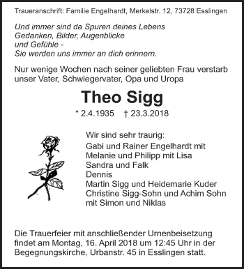 Traueranzeige von Theo Sigg von Eßlinger Zeitung/Cannstatter Zeitung
