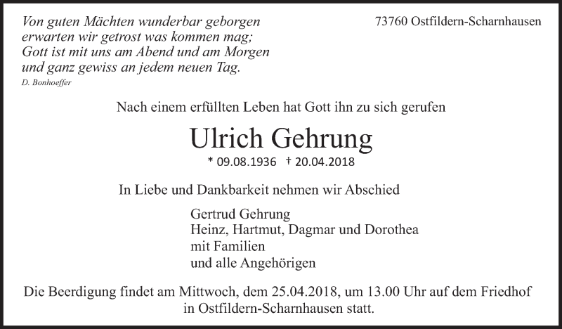  Traueranzeige für Ulrich Gehrung vom 21.04.2018 aus Eßlinger Zeitung/Cannstatter Zeitung