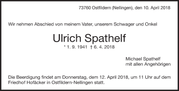 Traueranzeige von Ulrich Spathelf von Eßlinger Zeitung/Cannstatter Zeitung