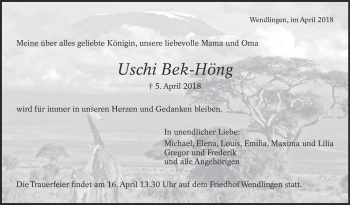 Traueranzeige von Uschi Bek-Höng von Eßlinger Zeitung/Cannstatter Zeitung