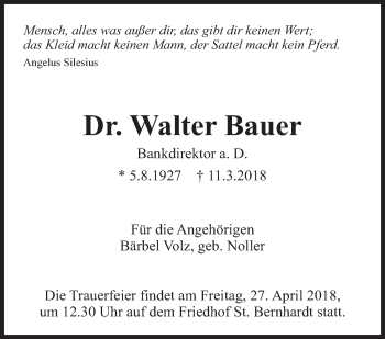 Traueranzeige von Walter Bauer von Eßlinger Zeitung/Cannstatter Zeitung