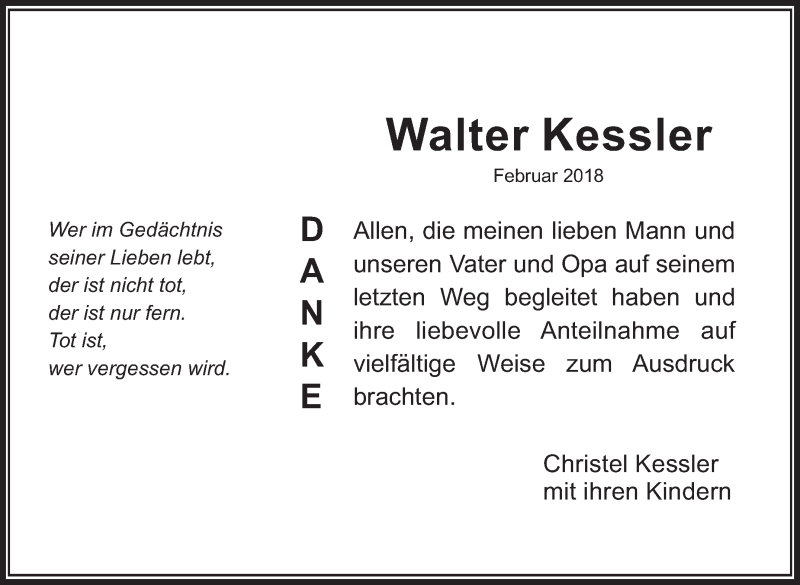  Traueranzeige für Walter Kessler vom 12.04.2018 aus Eßlinger Zeitung/Cannstatter Zeitung