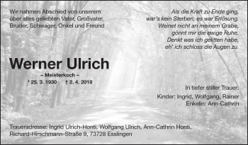Traueranzeige von Werner Ulrich von Eßlinger Zeitung/Cannstatter Zeitung