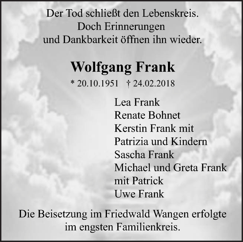  Traueranzeige für Wolfgang Frank vom 14.04.2018 aus Eßlinger Zeitung/Cannstatter Zeitung