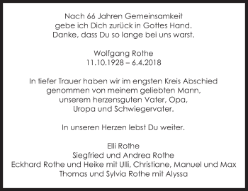 Traueranzeige von Wolfgang Rothe von Eßlinger Zeitung/Cannstatter Zeitung