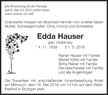 Traueranzeige von Edda Hauser von Eßlinger Zeitung/Cannstatter Zeitung